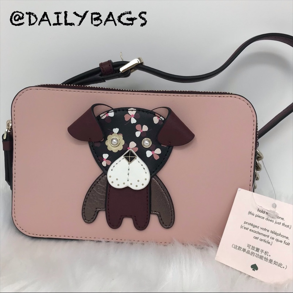 KATE SPADE DOG PUP DOUBLE ZIP CROSSBODY CHERRYWOOD - Picture 2 of 8